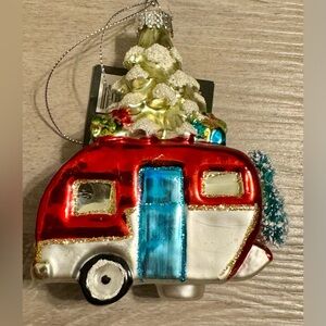 Robert Stanley Christmas Ornament Glass Retro Camper RV Wreath & Tree Red 4.5”